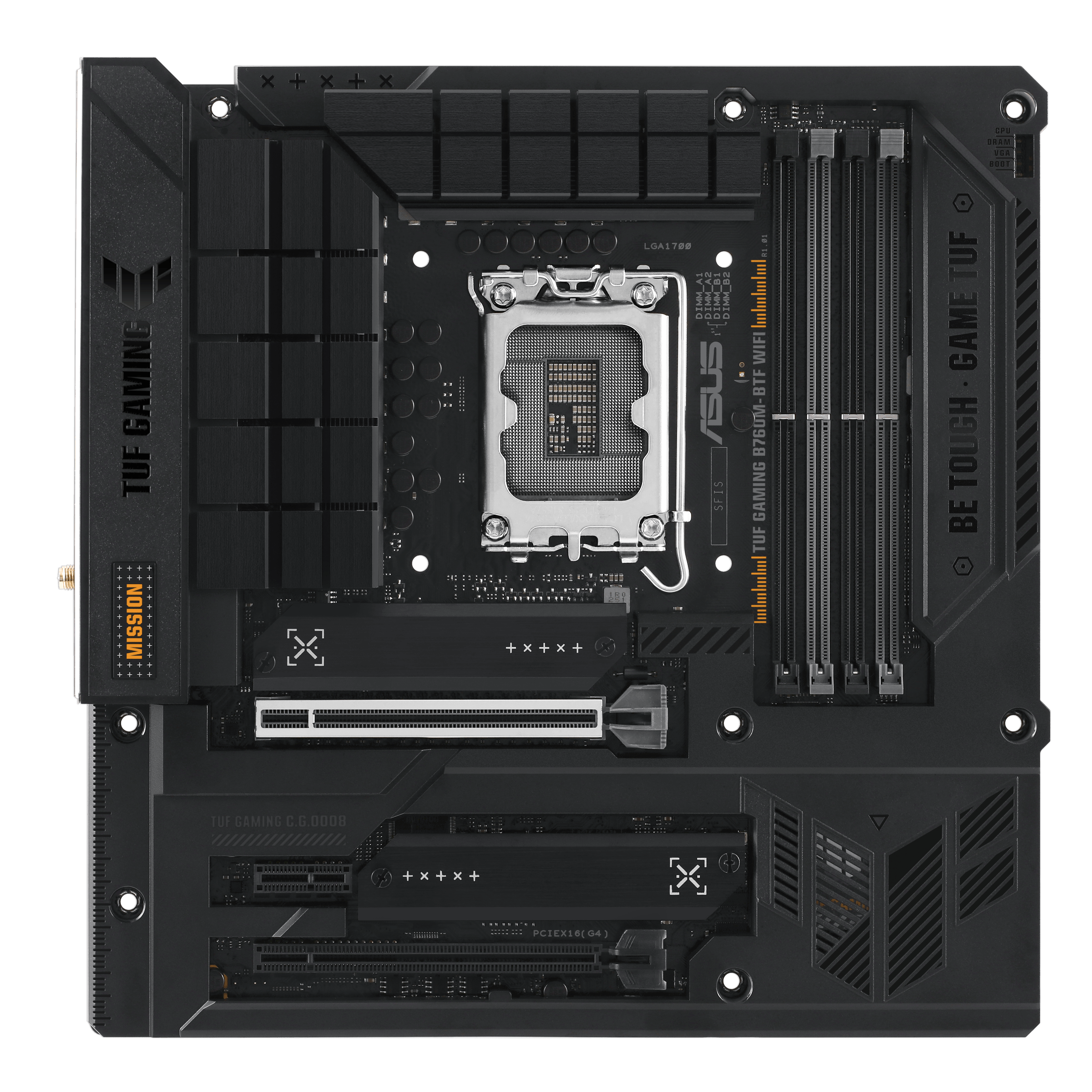 

Материнская плата ASUS TUF GAMING B760M-BTF WIFI, Socket1700, Intel B760, 4xDDR5 DIMM, 2PCI-Ex16, 4SATA3, 7.1-ch, 2.5GLAN, 5 USB 3.2, 4 USB Type-C, HDMI, DP, mATX, Retail, TUF GAMING B760M-BTF WIFI
