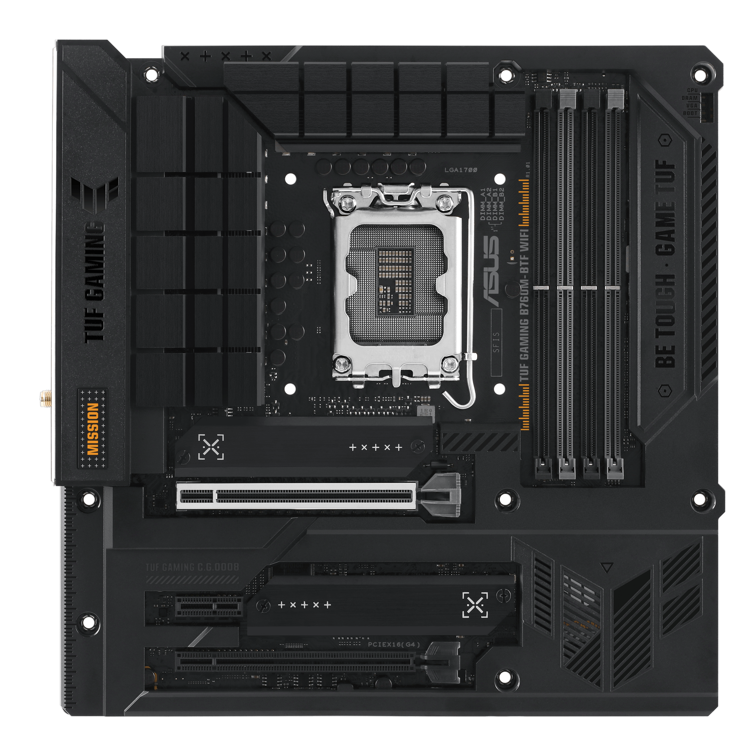 Материнская плата ASUS TUF GAMING B760M-BTF WIFI, Socket1700, Intel B760, 4xDDR5 DIMM, 2PCI-Ex16, 4SATA3, 7.1-ch, 2.5GLAN, 5 USB 3.2, 4 USB Type-C, HDMI, DP, mATX, Retail