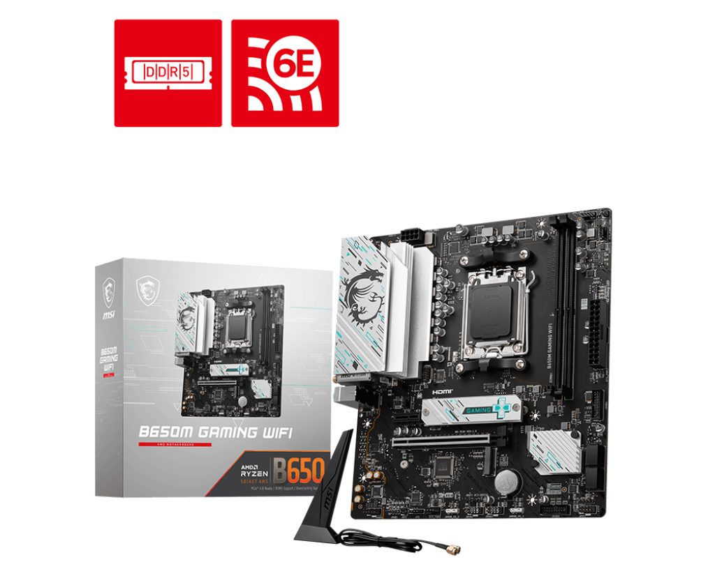 

Материнская плата MSI B650M GAMING WIFI, AM5, AMD B650, 2xDDR5 DIMM, PCI-Ex16, 4SATA3, 7.1-ch, 2.5GLAN, 8 USB 3.2, 1 USB Type-C, HDMI, DP, mATX, Retail, B650M GAMING WIFI