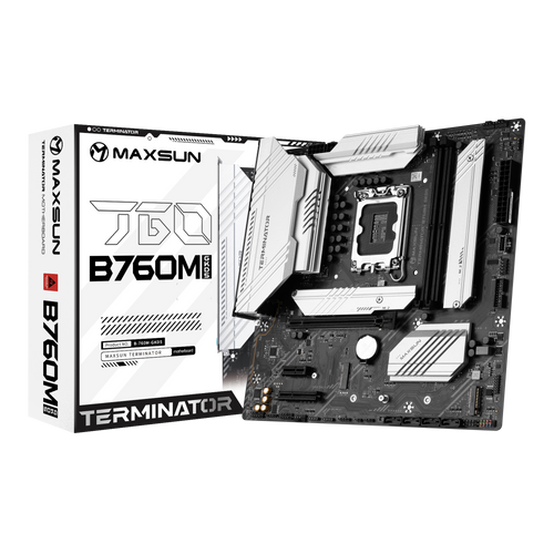 Материнская плата MaxSun Terminator B760M GKD5, Socket1700, Intel B760, 2xDDR5 DIMM, PCI-Ex16, 4SATA3, 5.1-ch, 2.5GLAN, 4 USB 3.2, 1 USB Type-C, HDMI, DP, mATX, Retail