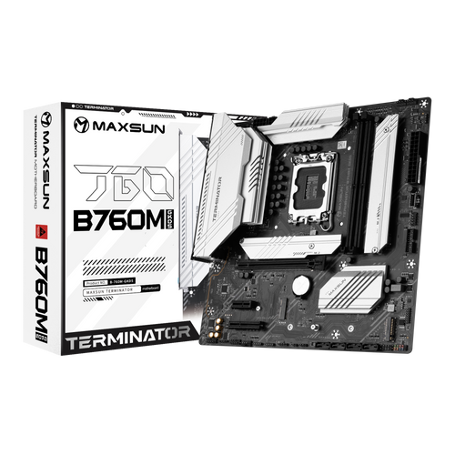

Материнская плата MaxSun Terminator B760M GKD5, Socket1700, Intel B760, 2xDDR5 DIMM, PCI-Ex16, 4SATA3, 5.1-ch, 2.5GLAN, 4 USB 3.2, 1 USB Type-C, HDMI, DP, mATX, Retail, Terminator B760M GKD5