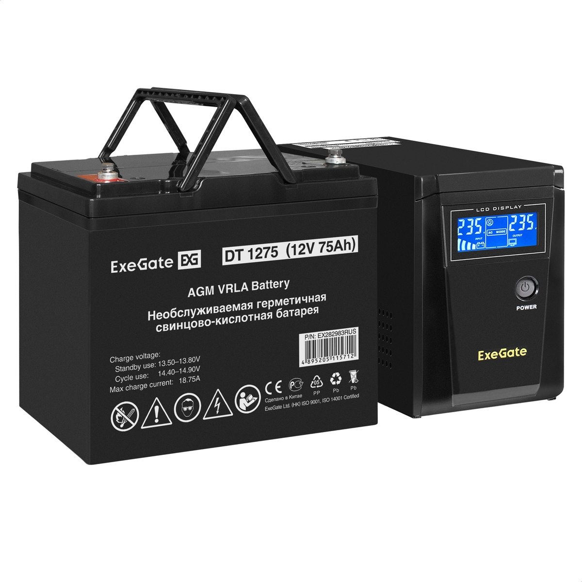 Инвертор ExeGate SZ-600/DT 1275 (12В, 75Ач), 600 VA, 360 Вт, черный (EX296777RUS) (в комплекте внешний аккумулятор)