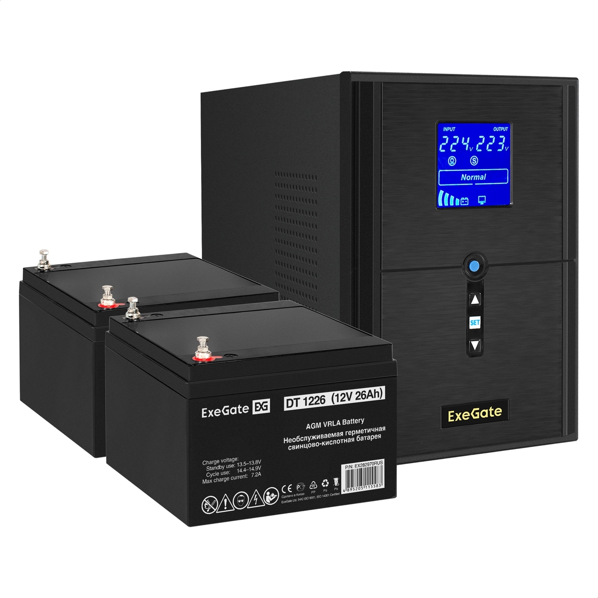 

Инвертор ExeGate SineTower SZ-2000/2 x DT 1226 (12В, 26Ач), 2000 В·А, 1.6 кВт, EURO+IEC, розеток - 4, USB, черный (EX296835RUS) (в комплекте внешний аккумулятор), SZ-2000/2 x DT 1226 (12В, 26Ач)