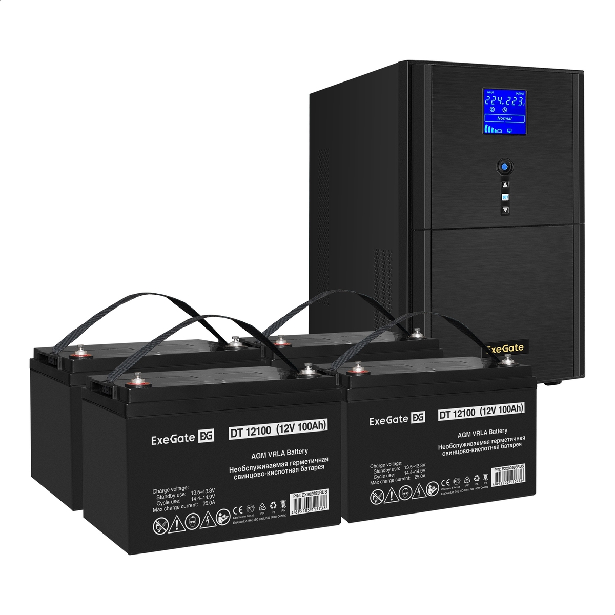 Инвертор ExeGate SineTower SZ-3000/4 x DT 12100 (12В, 100Ач), 3000 В·А, 2.4 кВт, EURO+IEC, розеток - 4, USB, черный (EX296873RUS) (в комплекте внешний аккумулятор)