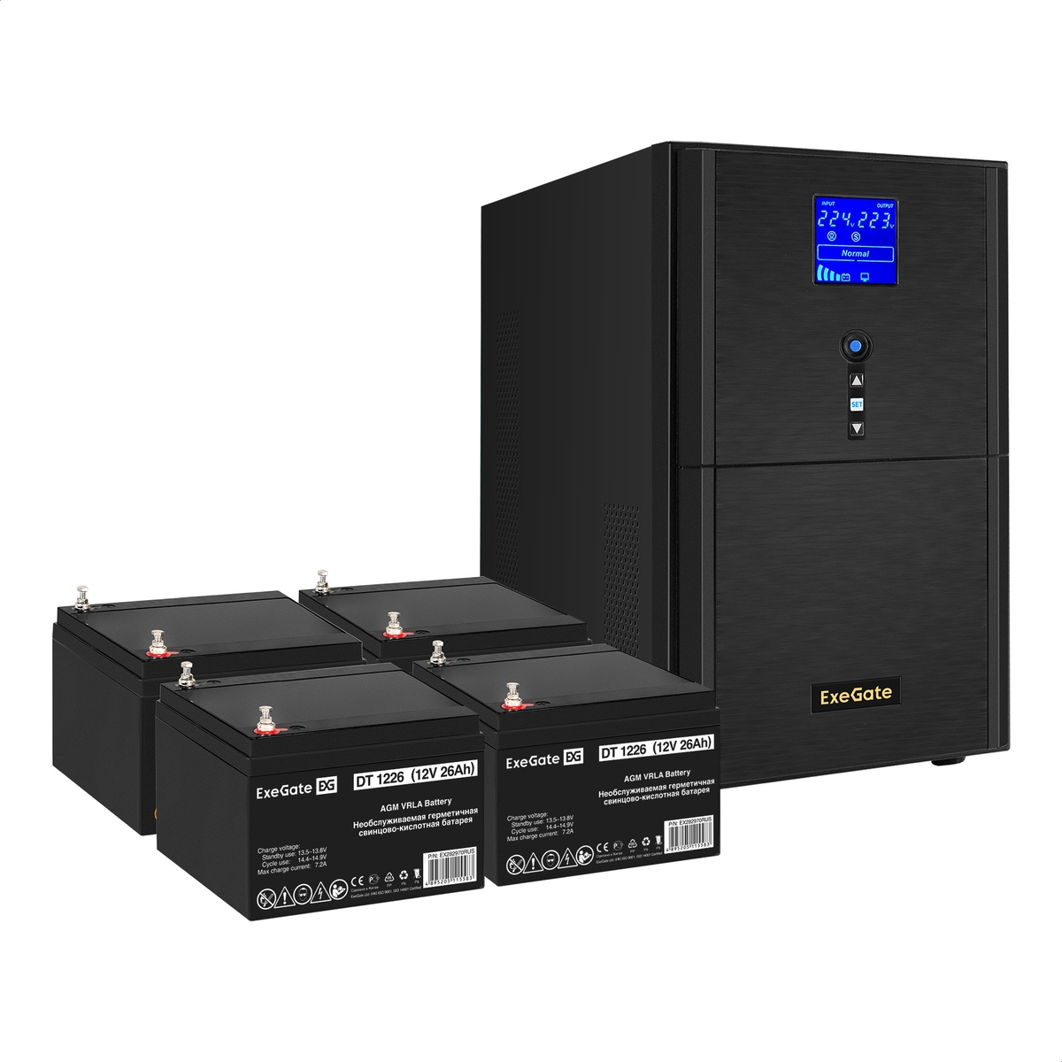 

Инвертор ExeGate SineTower SZ-3000/4 x DT 1226 (12В, 26Ач), 3000 В·А, 2.4 кВт, EURO+IEC, розеток - 4, USB, черный (EX296858RUS) (в комплекте внешний аккумулятор), SZ-3000/4 x DT 1226 (12В, 26Ач)