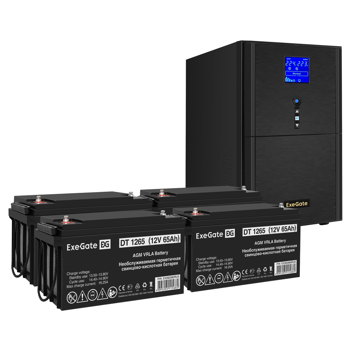 

Инвертор ExeGate SineTower SZ-3000/4 x DT 1265 (12В, 65Ач), 3000 В·А, 2.4 кВт, EURO+IEC, розеток - 4, USB, черный (EX296867RUS) (в комплекте внешний аккумулятор), SZ-3000/4 x DT 1265 (12В, 65Ач)