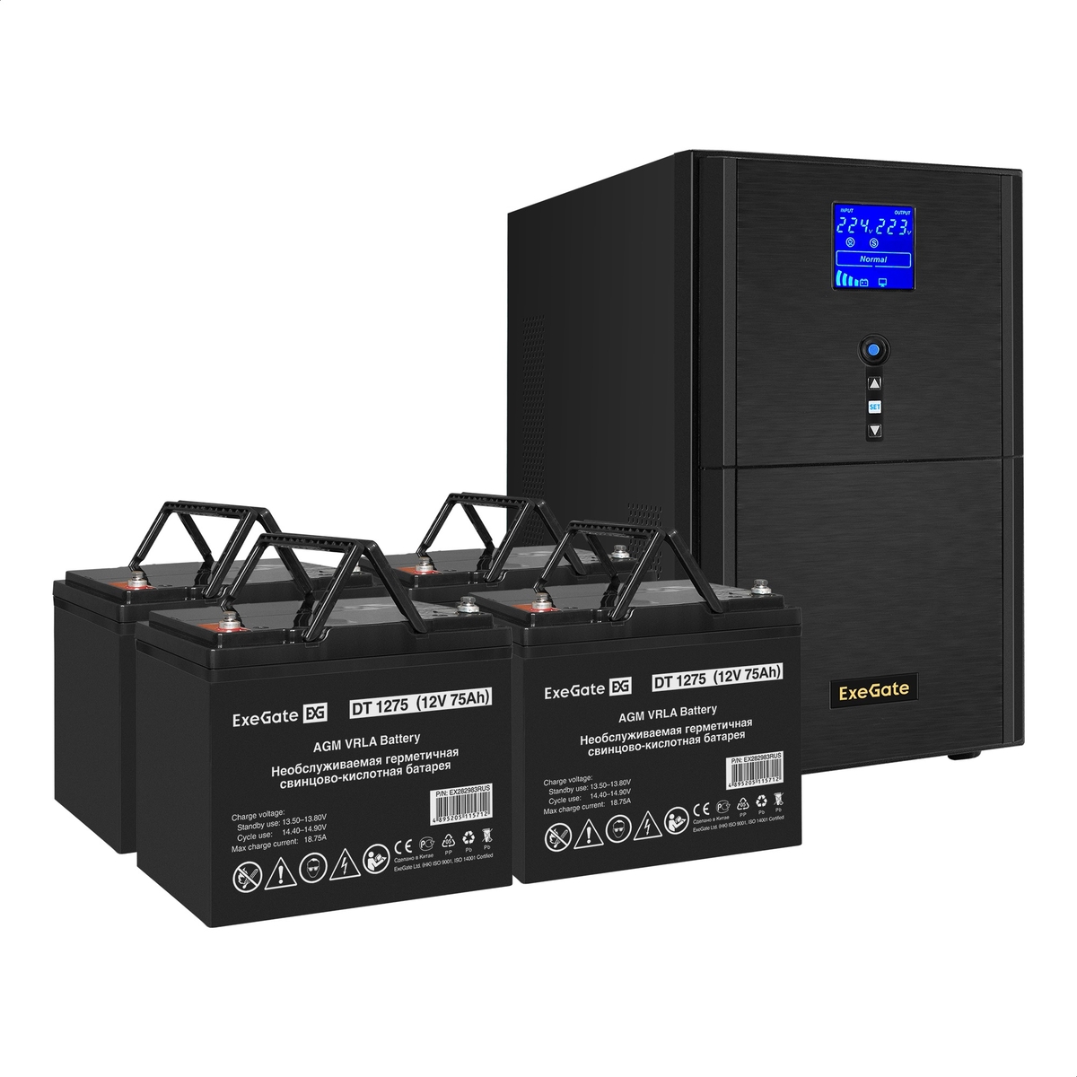

Инвертор ExeGate SineTower SZ-3000/4 x DT 1275 (12В, 75Ач), 3000 В·А, 2.4 кВт, EURO+IEC, розеток - 4, USB, черный (EX296869RUS) (в комплекте внешний аккумулятор), SZ-3000/4 x DT 1275 (12В, 75Ач)