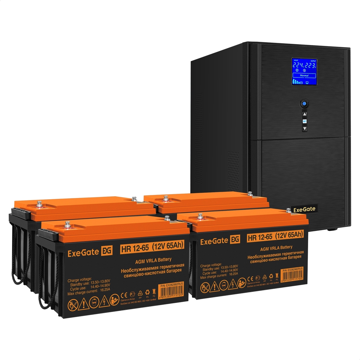

Инвертор ExeGate SineTower SZ-3000/4 x HR 12-65 (12В, 65Ач), 3000 В·А, 2.4 кВт, EURO+IEC, розеток - 4, USB, черный (EX296868RUS) (в комплекте внешний аккумулятор), SZ-3000/4 x HR 12-65 (12В, 65Ач)