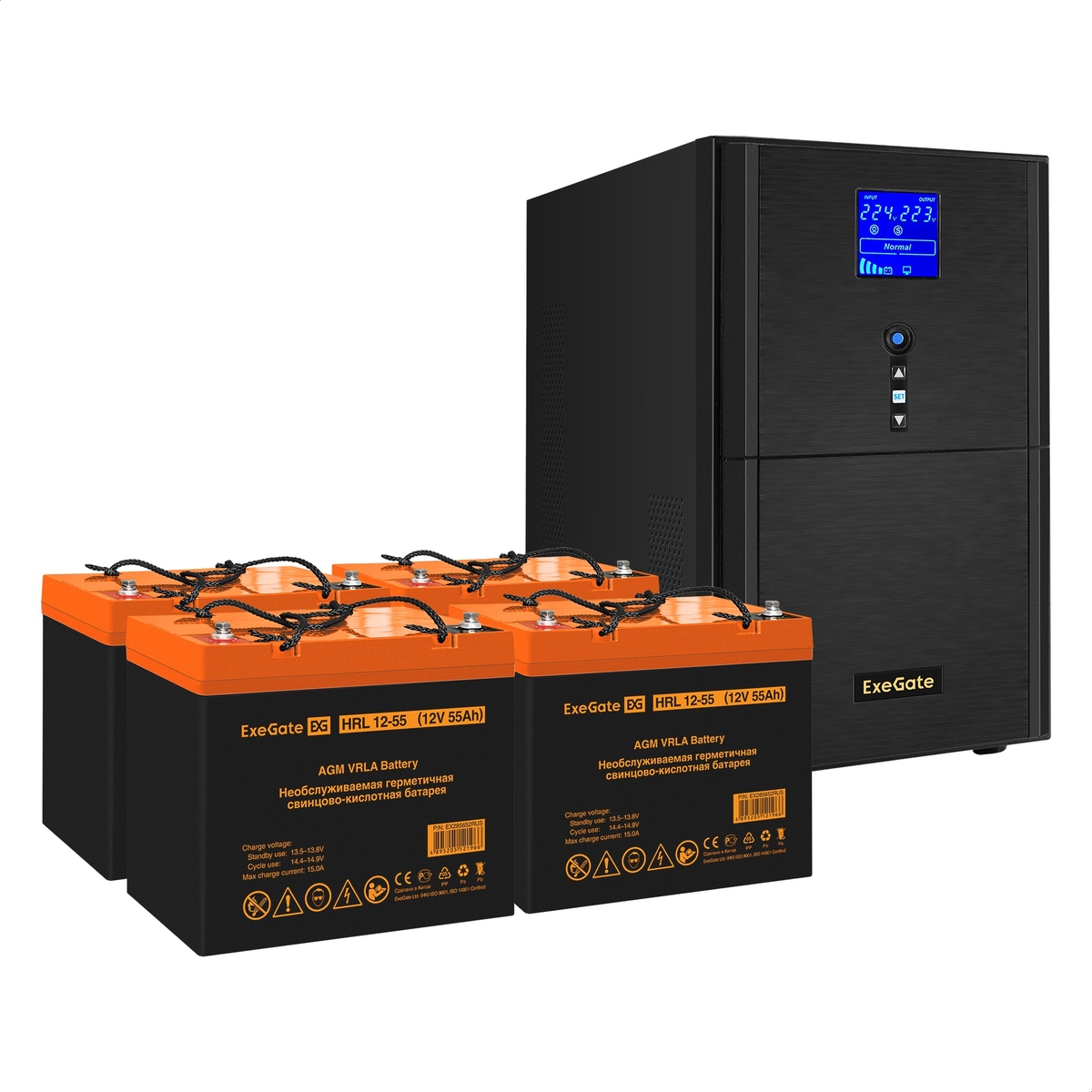 

Инвертор ExeGate SineTower SZ-3000/4 x HRL 12-55 (12В, 55Ач), 3000 В·А, 2.4 кВт, EURO+IEC, розеток - 4, USB, черный (EX296866RUS) (в комплекте внешний аккумулятор), SZ-3000/4 x HRL 12-55 (12В, 55Ач)