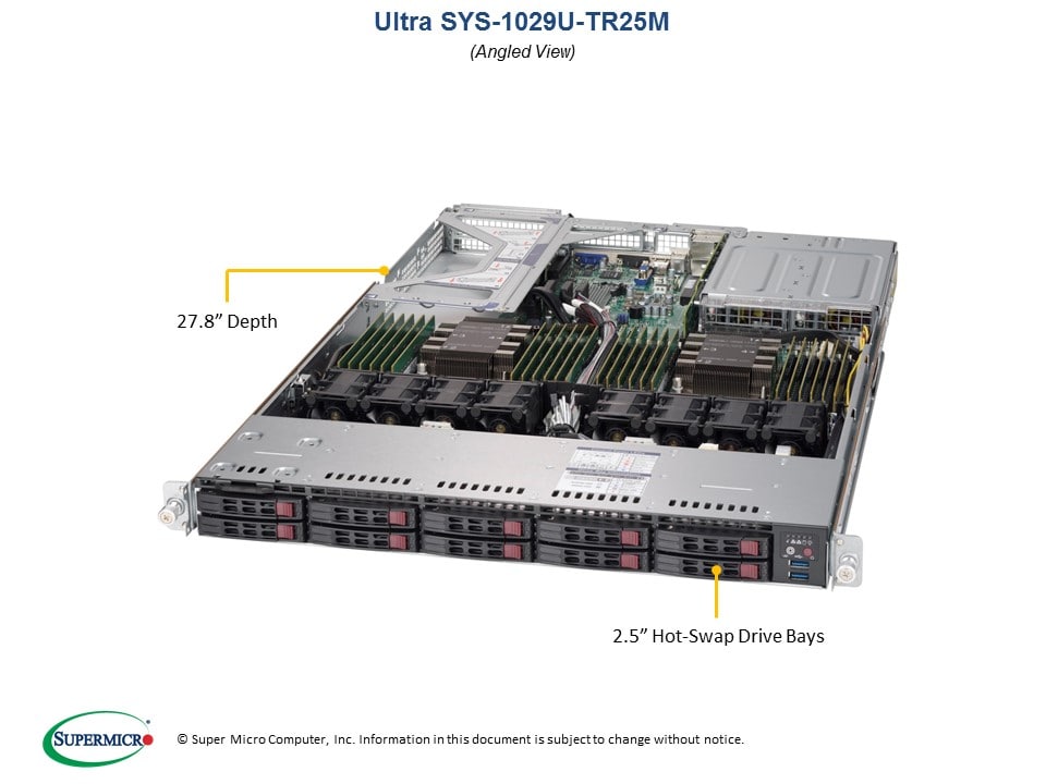 Серверная платформа SuperMicro 1029U-TR25M, 2xSocket3647, 24xDDR4, 10x2.5 HDD HS, 2x25G SFP28, IPMI, Redundant 2x750 Вт, 1U (SYS-1029U-TR25M)