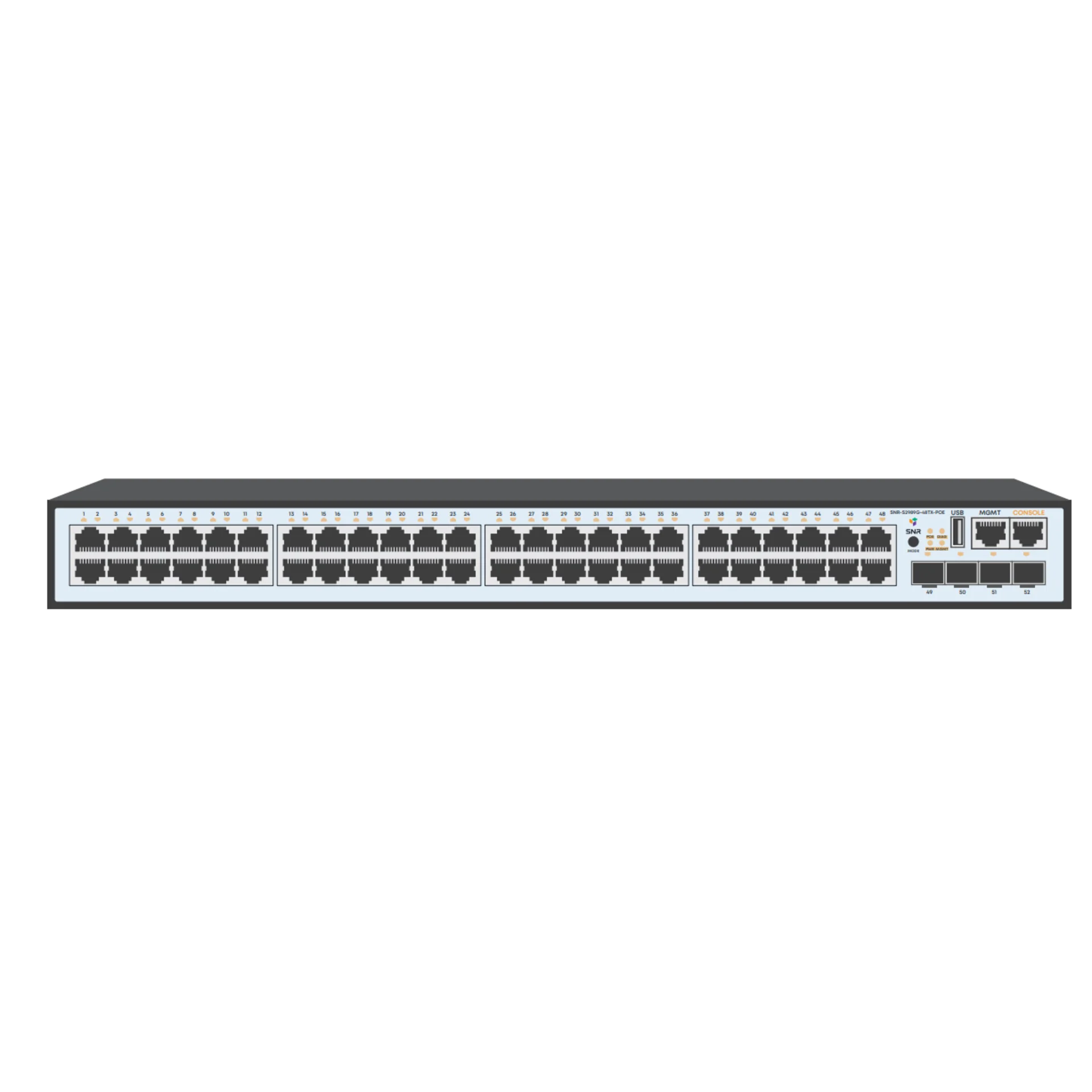 

Коммутатор SNR S2989G-48TX-POE, управляемый, кол-во портов: 48x1 Гбит/с, кол-во SFP/uplink: SFP+ 4x10 Гбит/с, установка в стойку, PoE: 48x30 Вт (макс. 740 Вт) (SNR-S2989G-48TX-POE), S2989G-48TX-POE