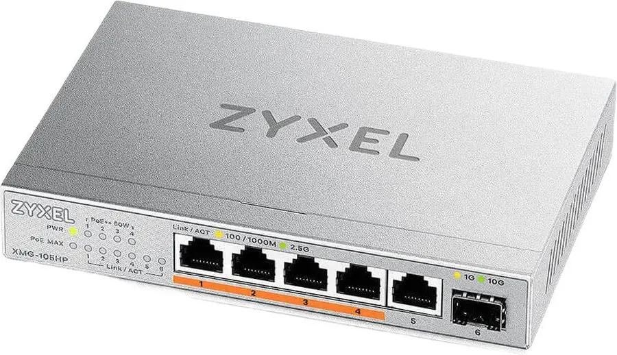 

Коммутатор ZYXEL XMG-105HP, управляемый, кол-во портов: 5x2.5 Гбит/с, кол-во SFP/uplink: SFP+ 1x10 Гбит/с, PoE: 4x60 Вт (макс. 70 Вт) (XMG-105HP-EU0101F), XMG-105HP