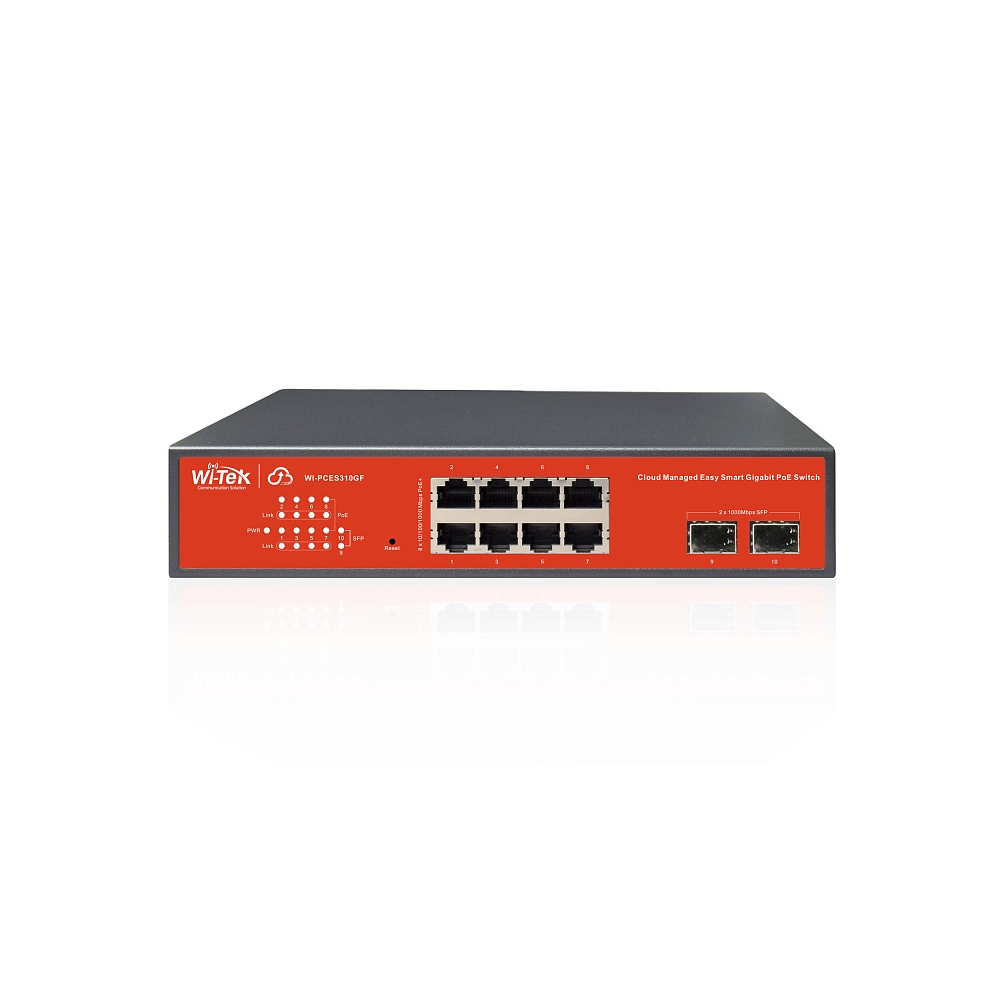 Коммутатор Wi-Tek WI-PCES310GF, управляемый, кол-во портов: 8x1 Гбит/с, кол-во SFP/uplink: SFP 2x1 Гбит/с, установка в стойку, PoE: 8x30 Вт (макс. 120 Вт) (WI-PCES310GF)