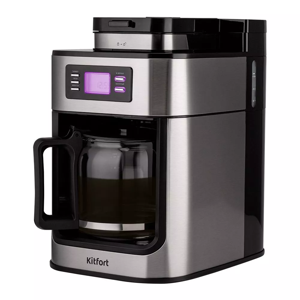 Кофеварка капельная Kitfort КТ-781, 1.05 кВт, кофе молотый / зерновой, 1 л/1 л, дисплей, серебристый/черный (КТ-781), цвет серебристый/черный