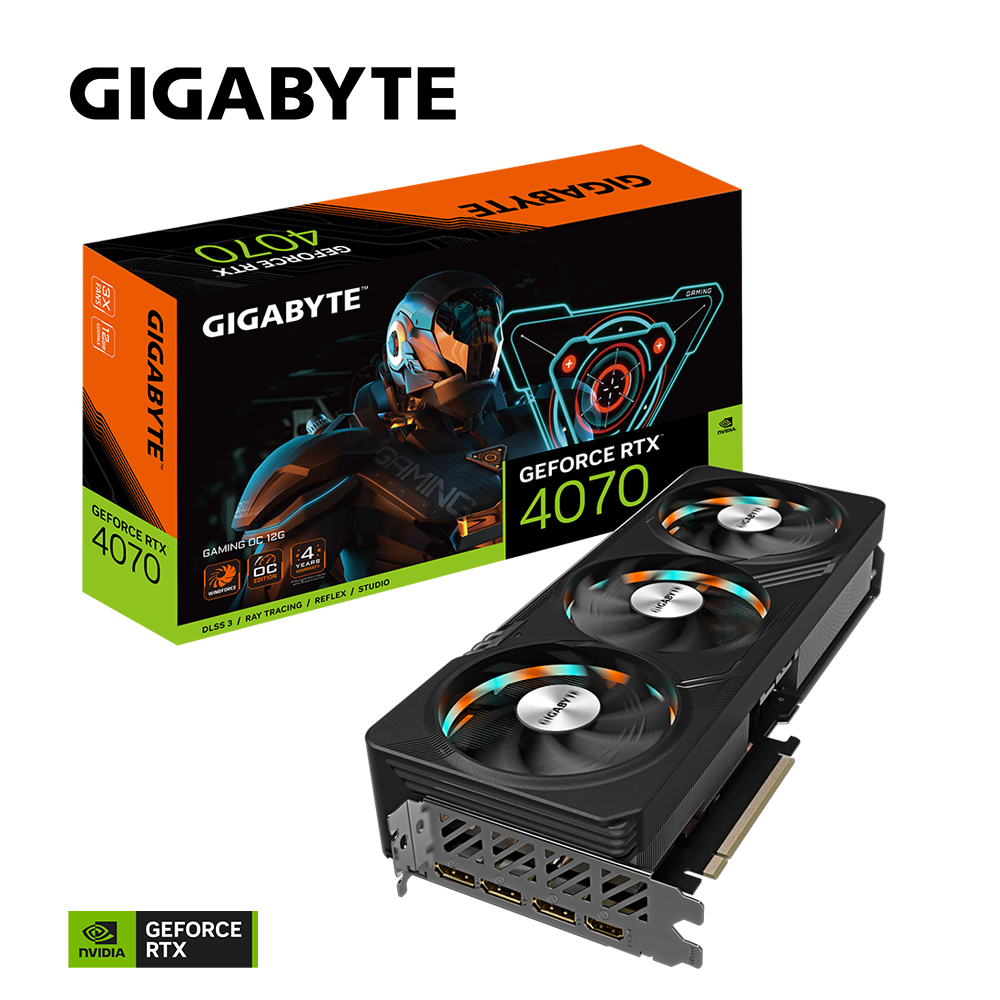 

Видеокарта GIGABYTE NVIDIA GeForce RTX 4070 GAMING OC, 12Gb GDDR6X, 192 бит, PCI-E, HDMI, 3DP, Retail (GV-N4070GAMING OCV2-12GD), GAMING OC