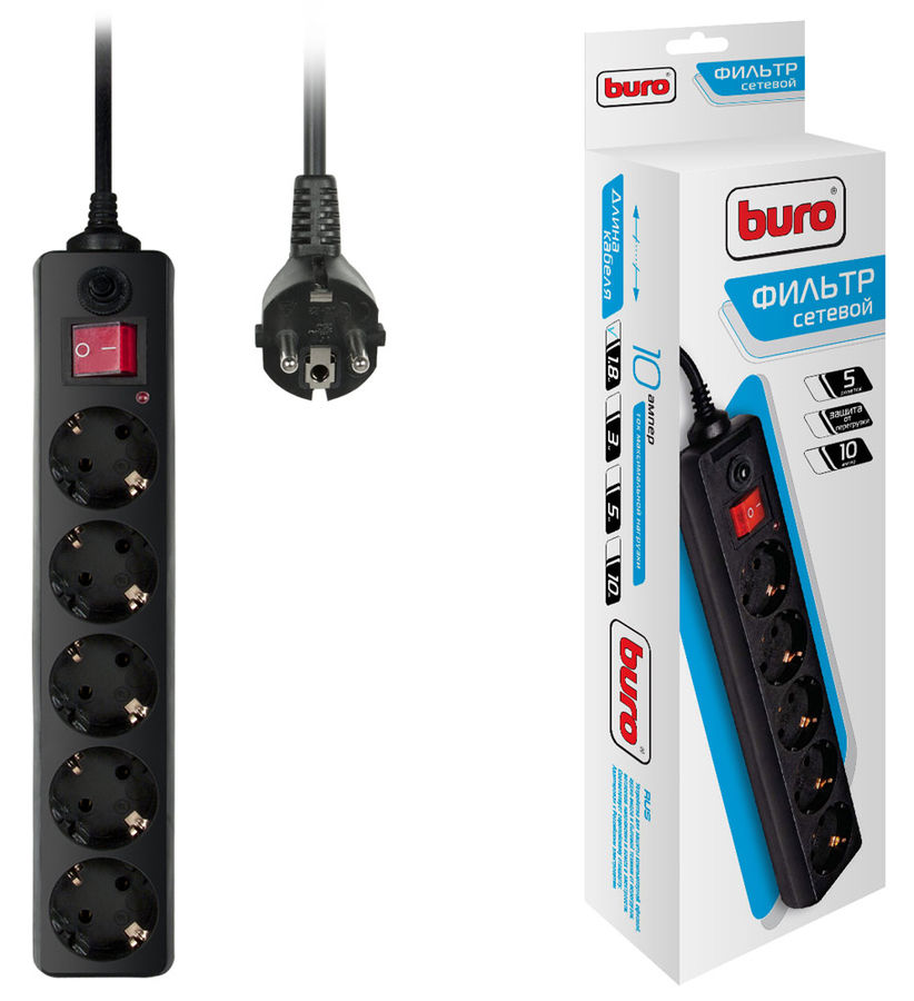 Сетевой фильтр BURO, 5-розеток, 1.8 м, черный