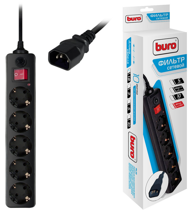 Сетевой фильтр BURO, 5-розеток, 1.8 м, черный