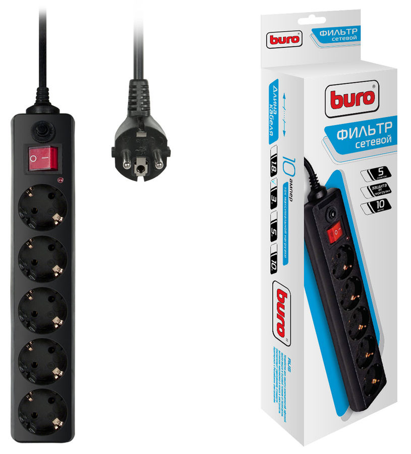 

Сетевой фильтр BURO, 5-розеток, 3 м, черный (500SH-3-B)
