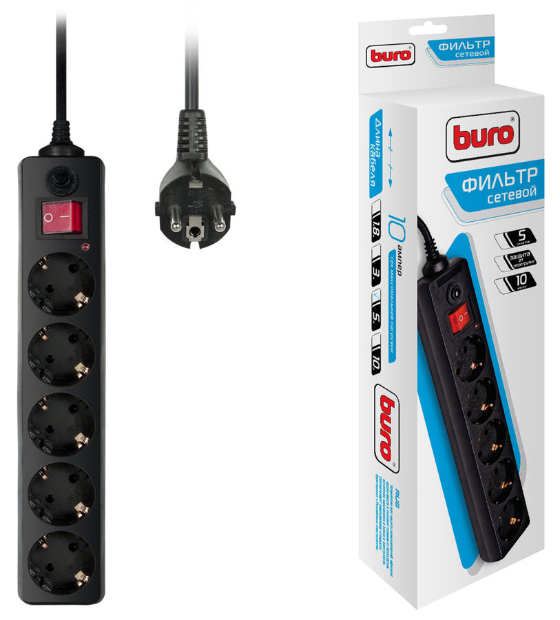 

Сетевой фильтр BURO, 5-розеток, 5 м, черный (500SH-5-B)