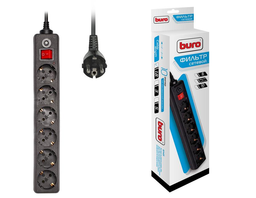 

Сетевой фильтр BURO, 6-розеток, 1.8 м, черный (600SH-1.8-B)