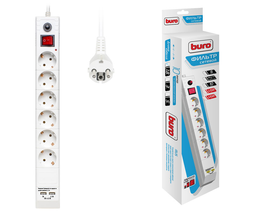 

Сетевой фильтр BURO, 6-розеток, 2xUSB, 1.8 м, белый (BU-SP1.8_USB_2A-W)