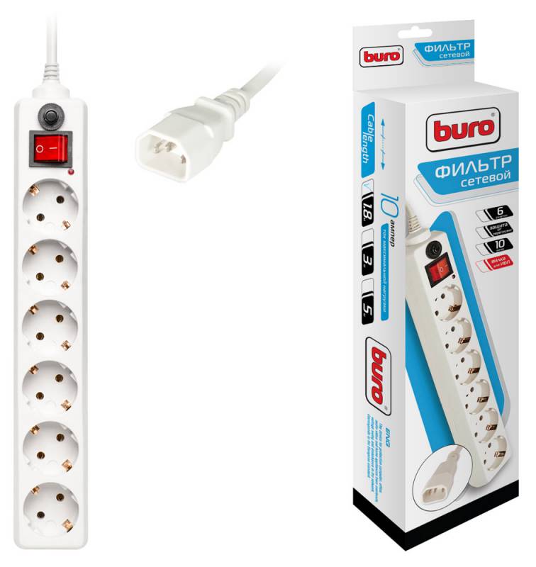 Сетевой фильтр BURO, 6-розеток, 1.8 м, белый