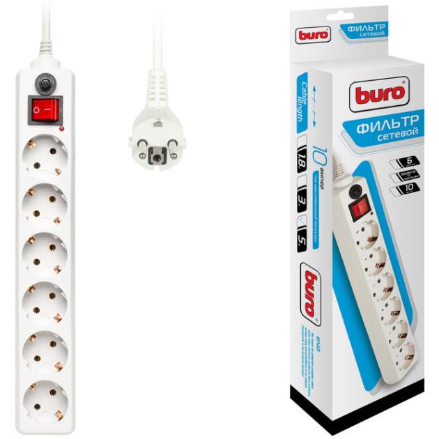 

Сетевой фильтр BURO, 6-розеток, 5 м, белый (600SH-5-W)