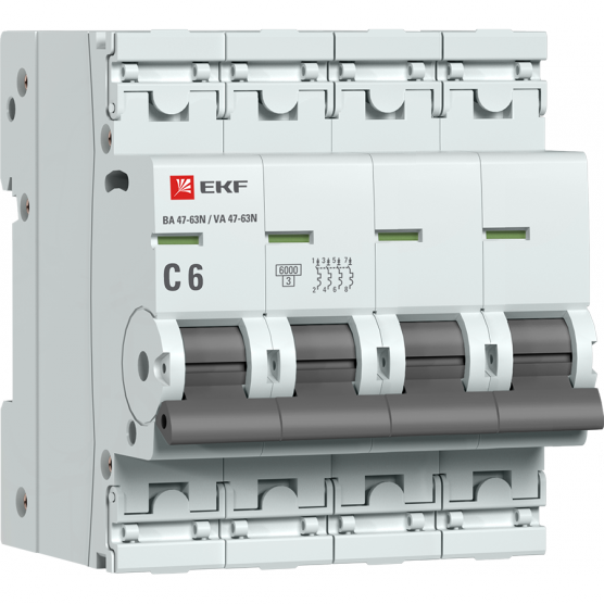 

Выключатель автоматический EKF ВА47-63N PROxima четырехполюсный (4P/4П) 6А C 6 kA (M636406C), ВА47-63N
