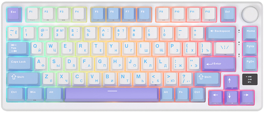 Клавиатура проводное/беспроводное Royal Kludge RKM75, механическая, RK Silver, подсветка, Bluetooth/Радиоканал/USB, белый/фиолетовый (6935280824081), цвет белый/фиолетовый