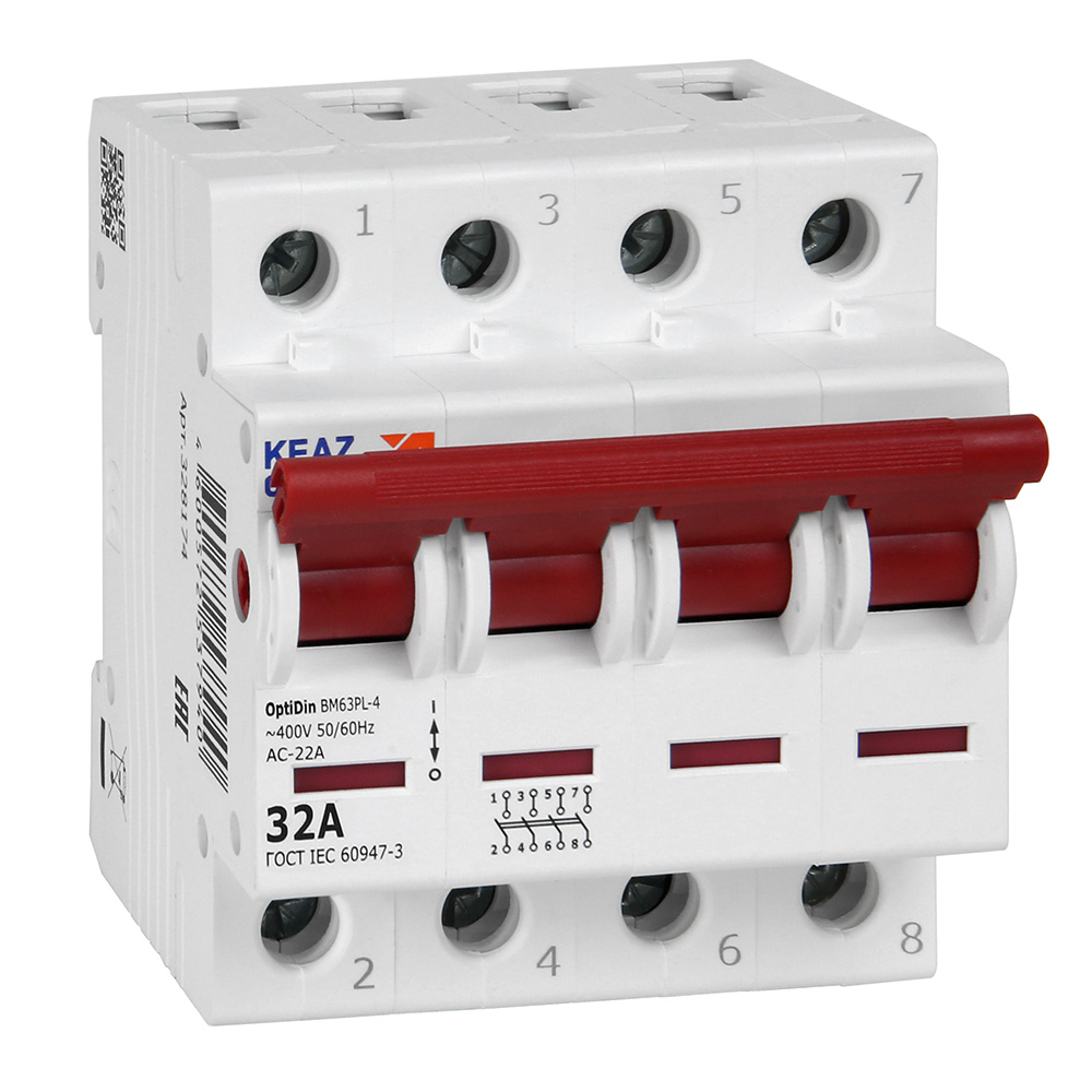 

Выключатель нагрузки 4P 32А, КЭАЗ OptiDin BM63PL-432-УХЛ3 (328174), BM63PL-432-УХЛ3