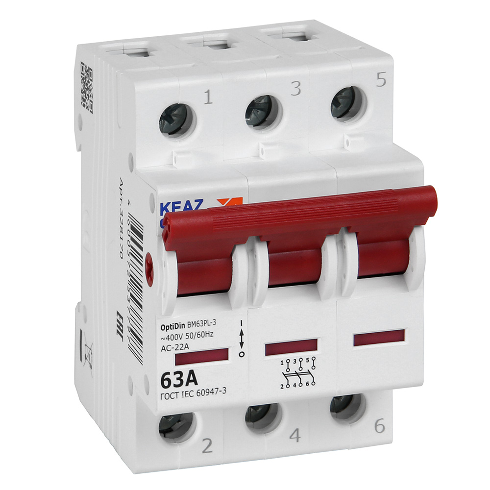 

Выключатель нагрузки 3P 63А, КЭАЗ OptiDin BM63PL-363-УХЛ3 (328170), BM63PL-363-УХЛ3