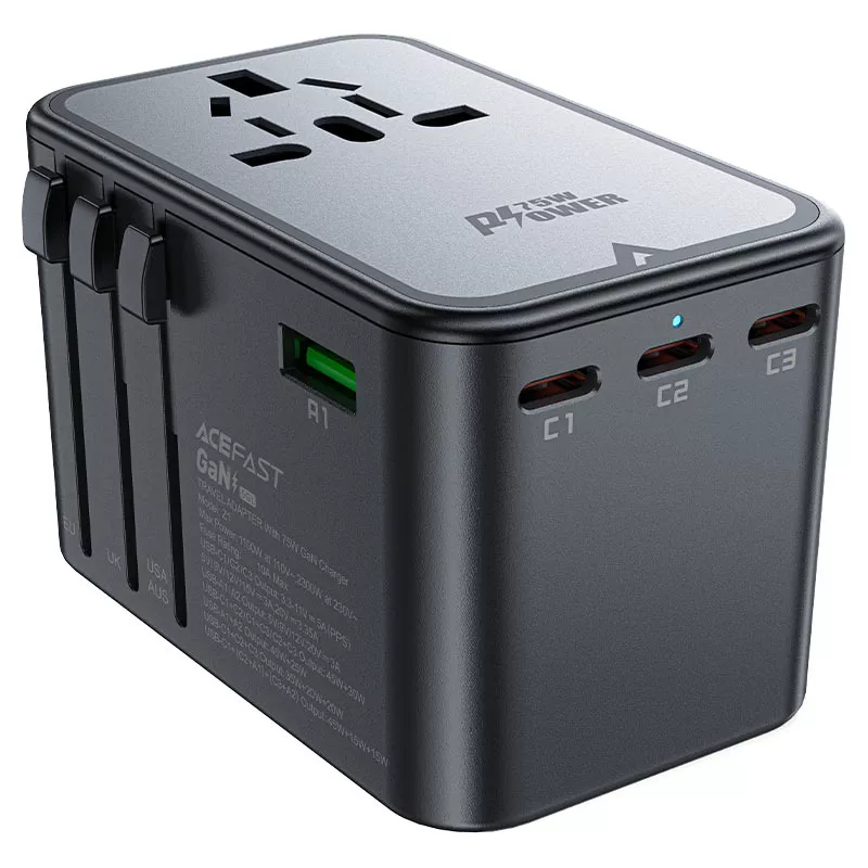 

Сетевое зарядное устройство Acefast Z1 75 Вт, 2xUSB, US/EU/UK, 3xUSB type-C, PD, черный (AF-Z1-GY), Z1
