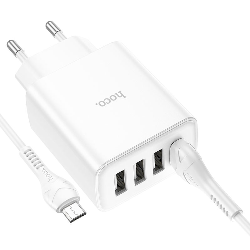 

Сетевое зарядное устройство Hoco C102A Fuerza 28.5 Вт, 4xUSB, EU, Quick Charge, PD, белый (6931474777737), кабель micro USB, C102A Fuerza