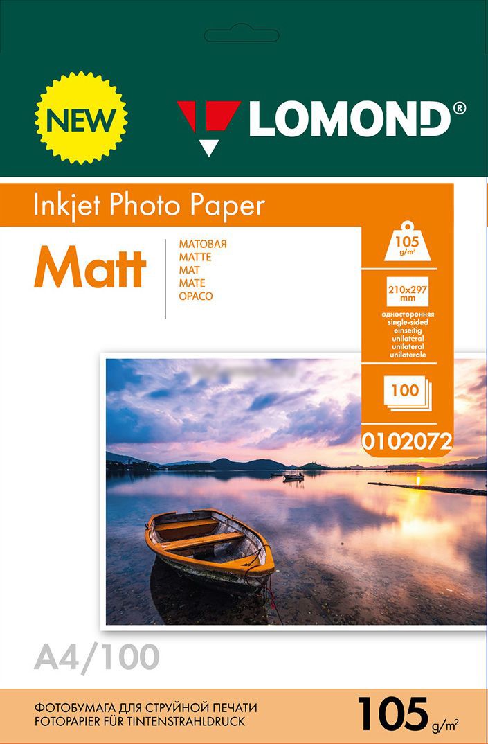 Фотобумага A4 105 г/м² матовая, 100 листов, односторонняя, Lomond 0102072 для струйной печати
