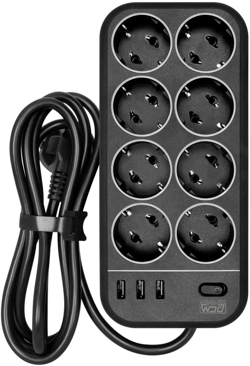 Сетевой фильтр POWERCOM, 8-розеток, 1.8 м, черный (SP-08 USB03AB 1,8 M)