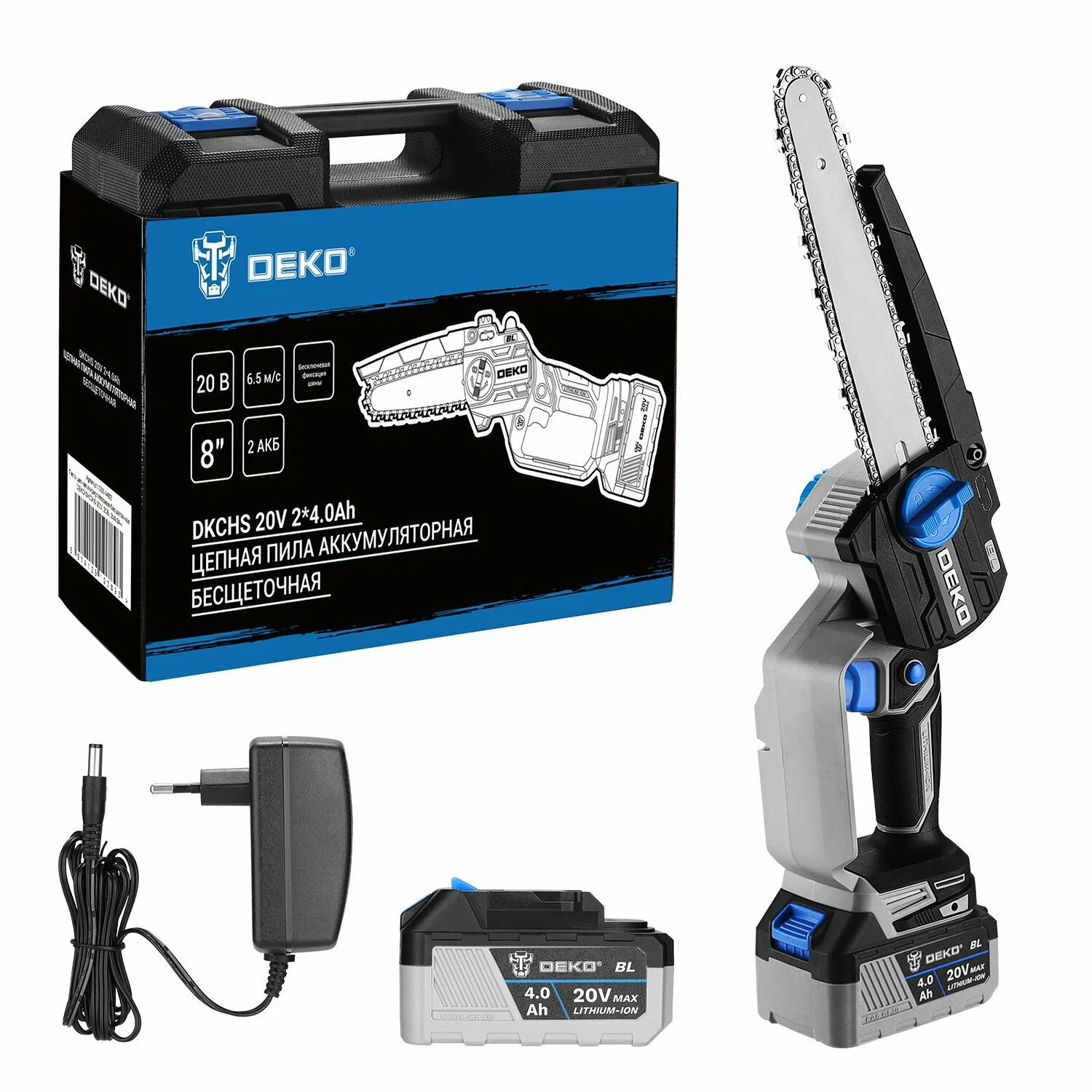 

Пила цепная Deko DKCHS 20V, бесщеточный, шина 20 см, шаг 1/4 дюйма, аккумуляторная, 20 В, 4 А·ч, Li-Ion, 1.6 кг, 2 АКБ+ЗУ (063-4483), DKCHS 20V