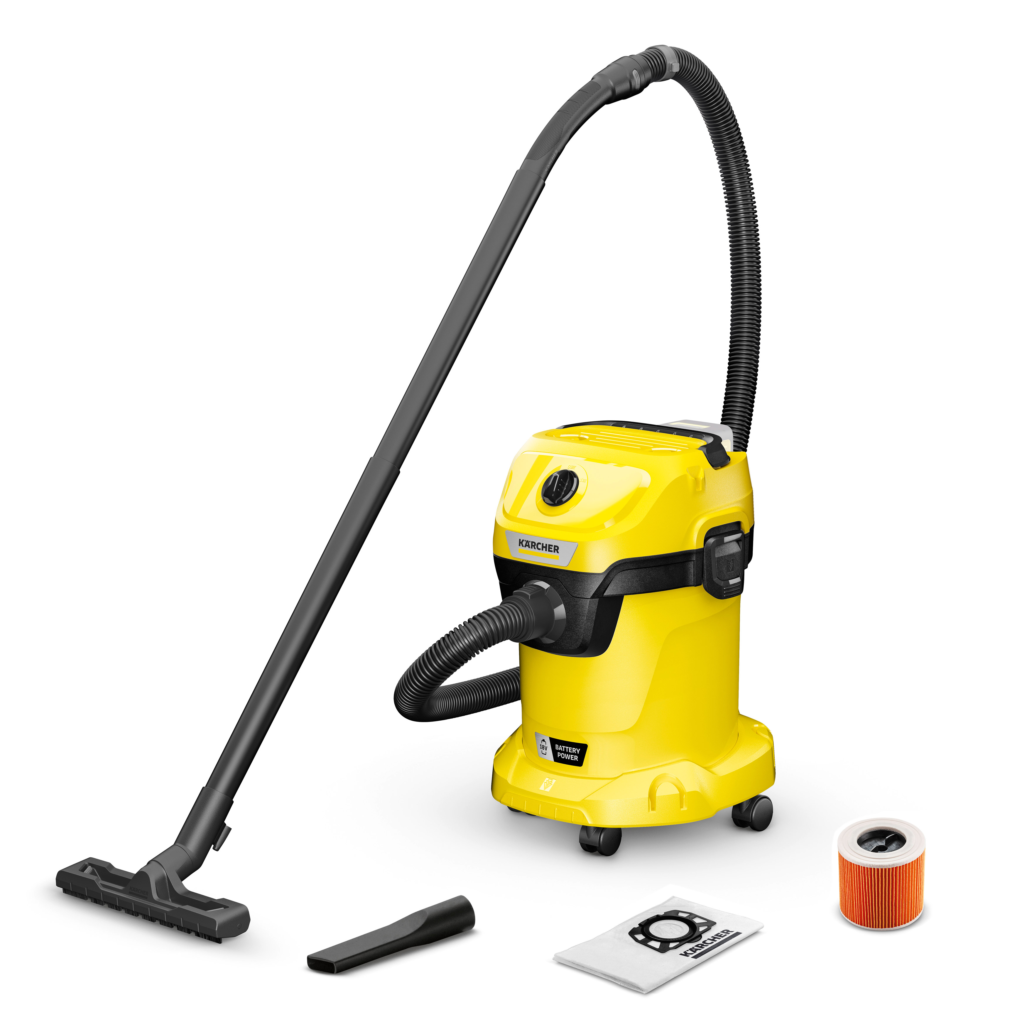 Строительный пылесос KARCHER WD 3-18 V-17/20 BATTERY, аккумуляторный, 225 Вт, сухая уборка, объем пылесборника 17 л, контейнер/фильтр-мешок, диаметр шланга 3.5 см, длина шланга 2 м, 3.77 кг (1.628-550.0)