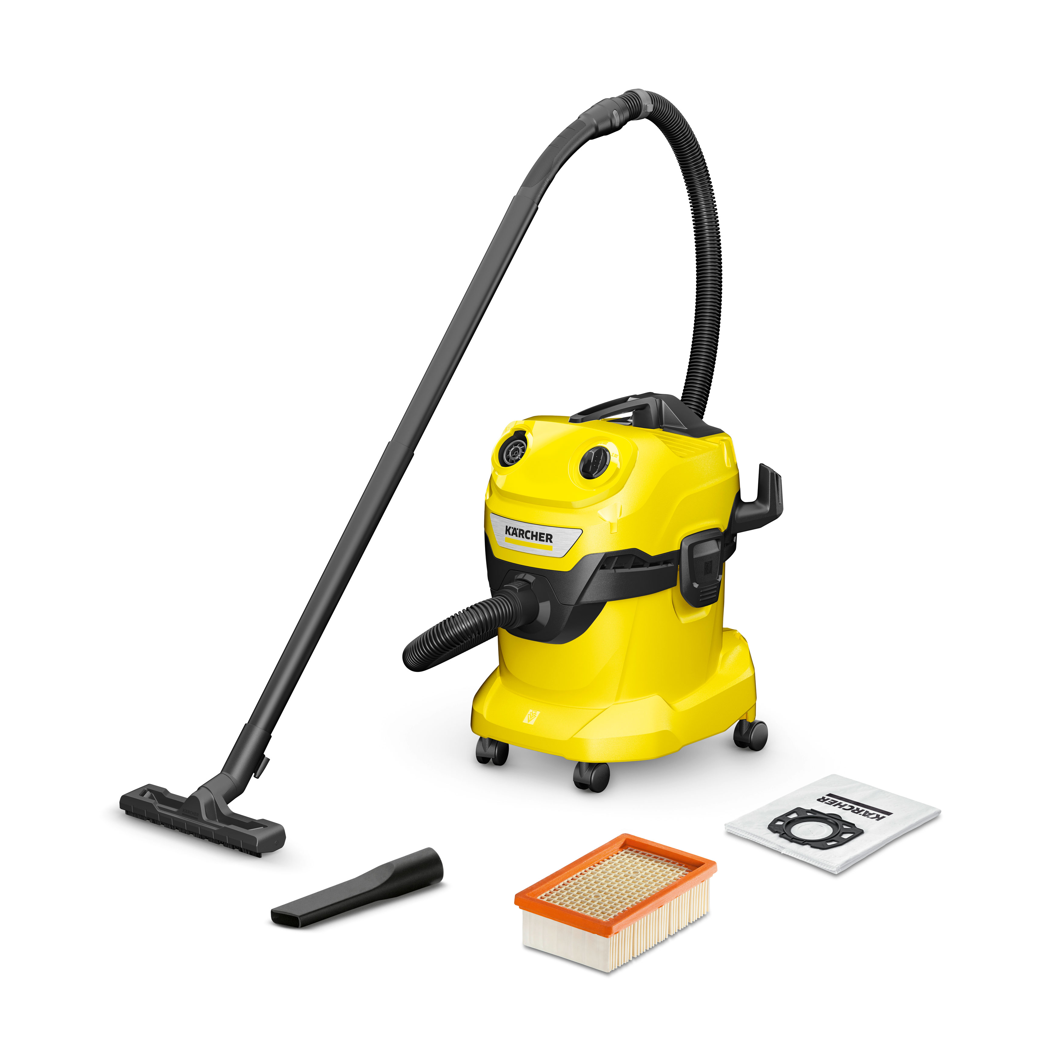 Строительный пылесос KARCHER WD 4 V-20/5/22, сетевой, 1 кВт, сухая, влажная уборка, объем пылесборника 20 л, контейнер/фильтр-мешок, диаметр шланга 3.5 см, длина шланга 2.2 м, 6.8 кг (1.628-209.0)