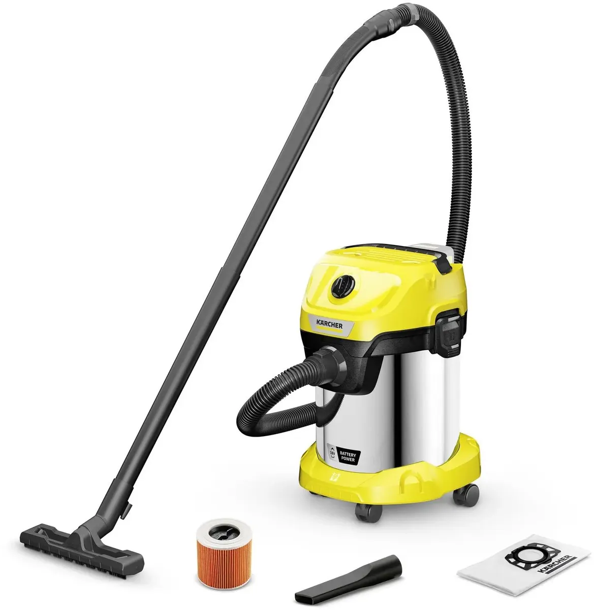 

Строительный пылесос KARCHER WD 3-18 S V-17/20, аккумуляторный, 1 кВт, сухая, влажная уборка, объем пылесборника 17 л, контейнер/фильтр-мешок, диаметр шланга 3.5 см, длина шланга 2 м, 4.05 кг (1.628-575.0), WD 3-18 S V-17/20