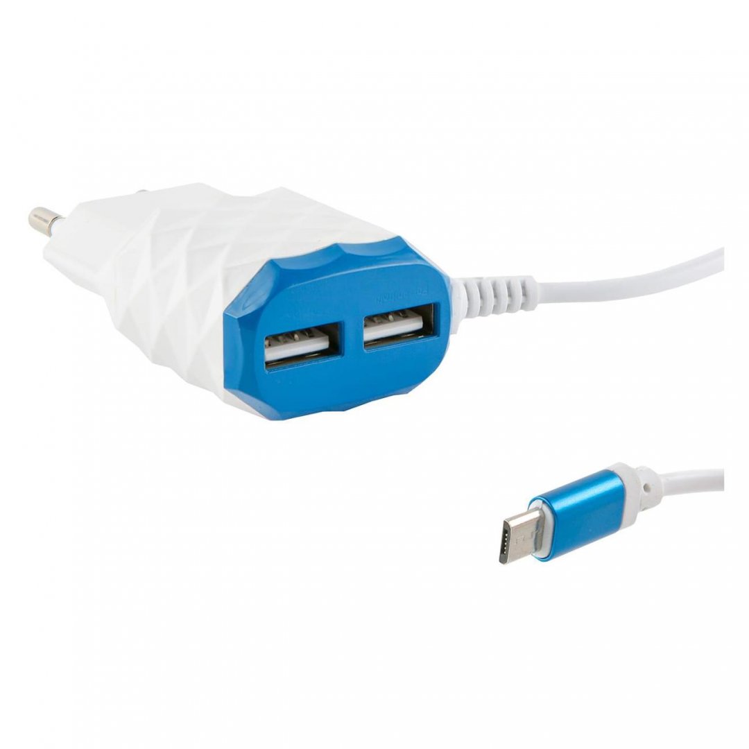 

Сетевое зарядное устройство Red Line, 2xUSB, EU, белый/синий (УТ000023169), кабель micro USB
