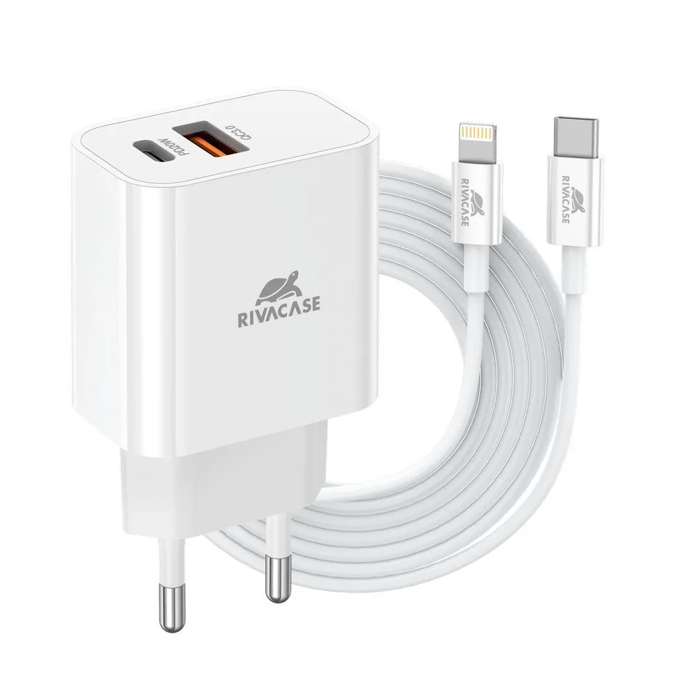 

Сетевое зарядное устройство RivaCase PS4102 WD5 20 Вт, USB, EU, USB type-C, Quick Charge, PD, белый (4260709013220), кабель Lightning/Type-C, PS4102 WD5