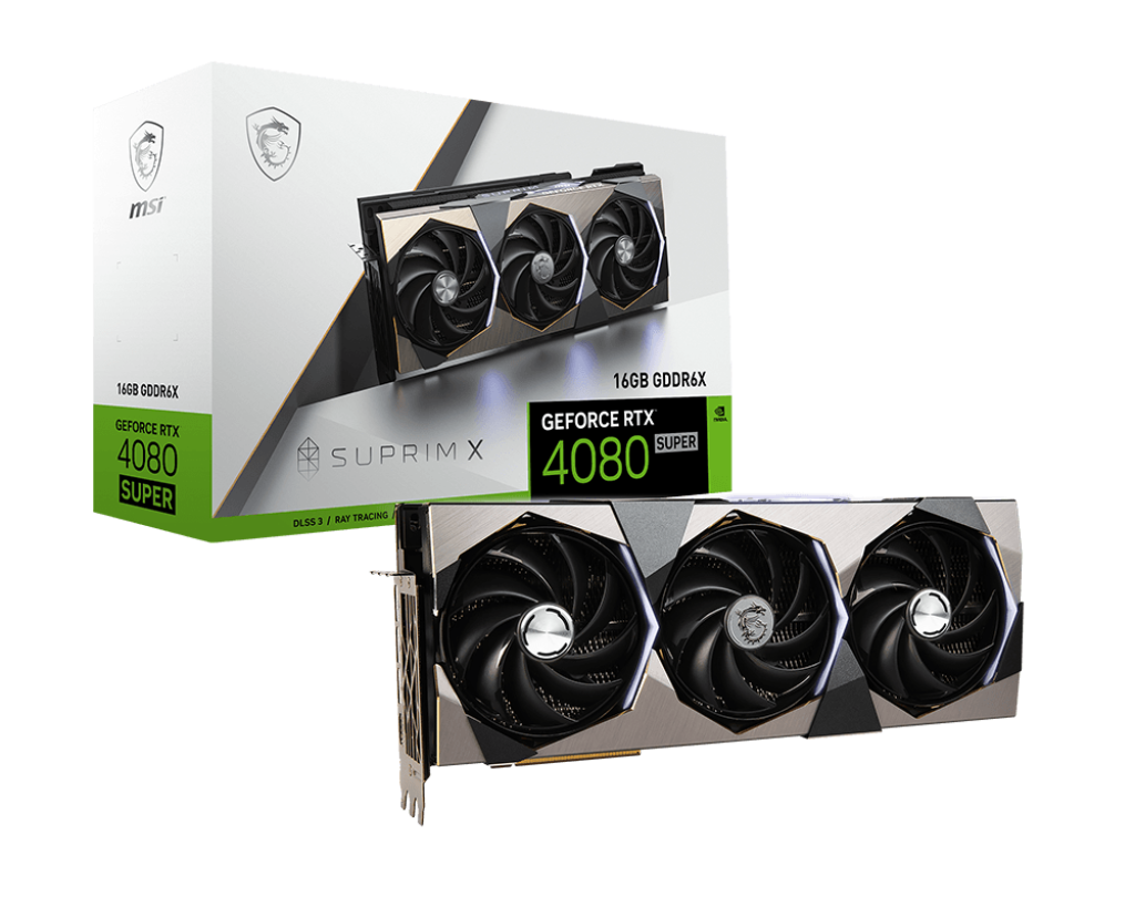 

Видеокарта MSI NVIDIA GeForce RTX 4080 Super SUPRIM X, 16Gb DDR6X, 256 бит, PCI-E, 2HDMI, 2DP, Retail (4080 SUPER 16G SUPRIM X), SUPRIM X