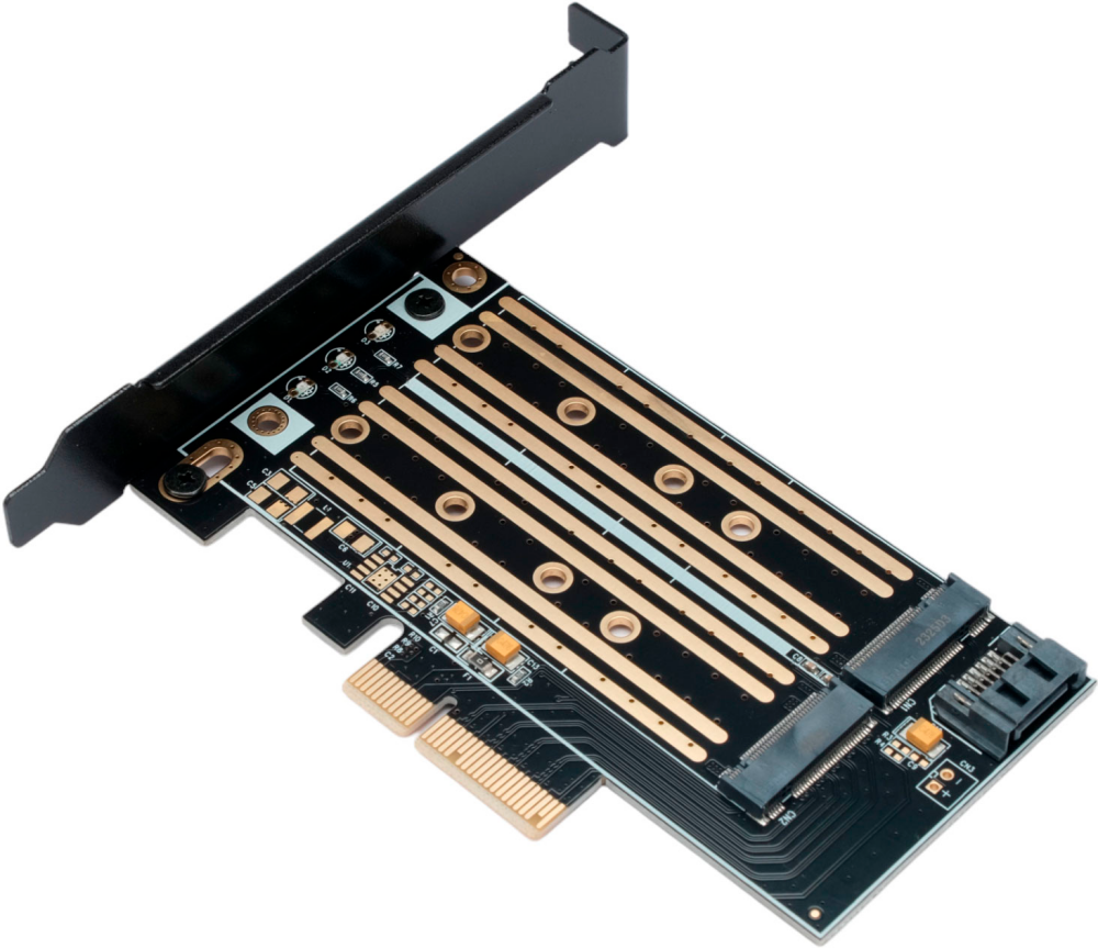 Адаптер Gembird MF-PCIE-NVME-SATA, для двух SSD NVMe+SATA/интерфейс подключения PCI-e 3.0x4, черный (MF-PCIE-NVME-SATA)