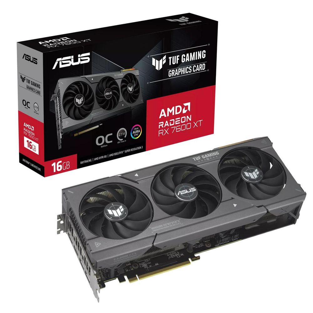 

Видеокарта ASUS AMD Radeon RX 7600XT TUF-RX7600XT-O16G-GAMING, 16Gb GDDR6, 128 бит, PCI-E, HDMI, 3DP, Retail (90YV0K20-M0NA00), TUF-RX7600XT-O16G-GAMING