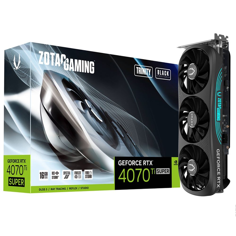 

Видеокарта ZOTAC NVIDIA GeForce RTX 4070Ti SUPER TRINITY BLACK ED, 16Gb GDDR6X, 256 бит, PCI-E, HDMI, 3DP, Retail (ZT-D40730D-10P), TRINITY BLACK ED
