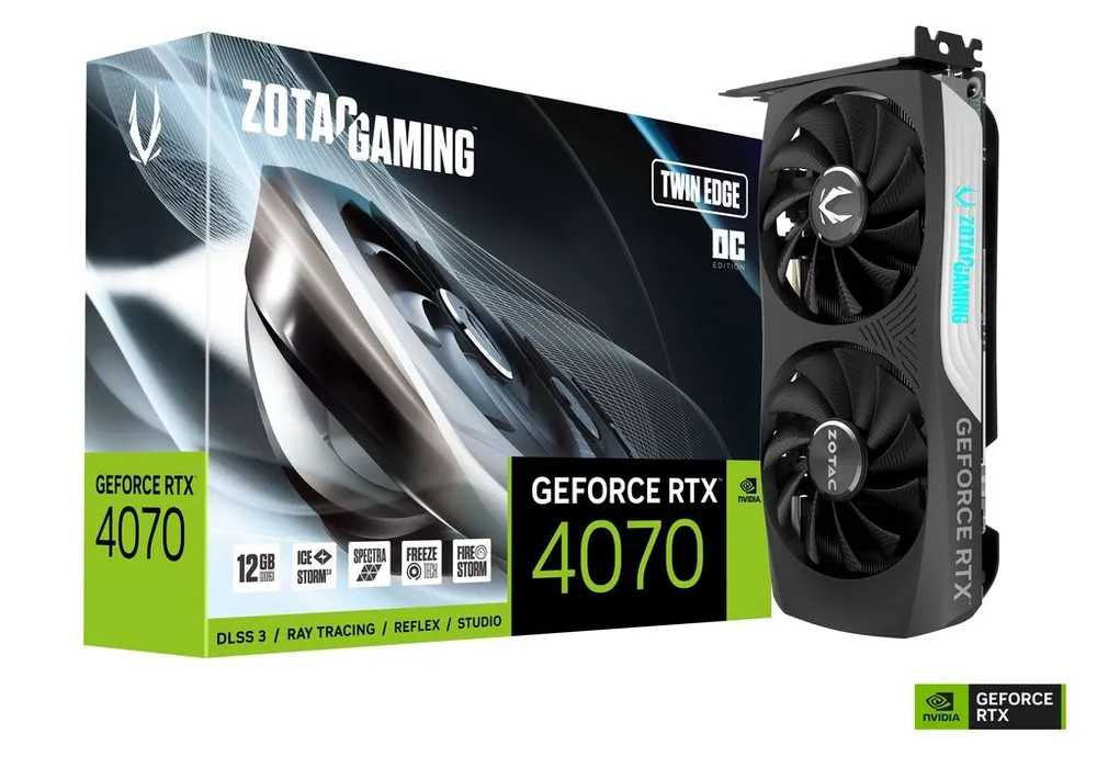 

Видеокарта ZOTAC NVIDIA GeForce RTX 4070 Twin Edge OC, 12Gb GDDR6X, 192 бит, PCI-E, HDMI, 3DP, Retail (ZT-D40700H-10M), Twin Edge OC