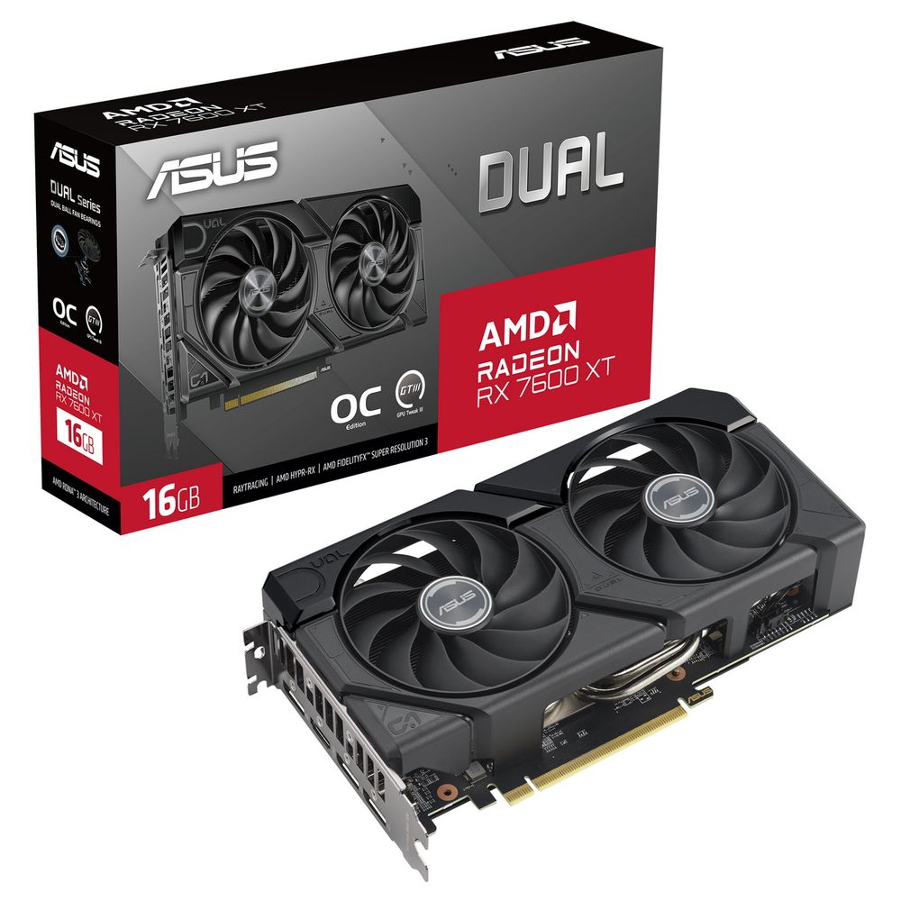 Видеокарта ASUS AMD Radeon RX 7600XT DUAL-RX7600XT-O16G, 16Gb DDR6, 128 бит, PCI-E, HDMI, 3DP, Retail (DUAL-RX7600XT-O16G)