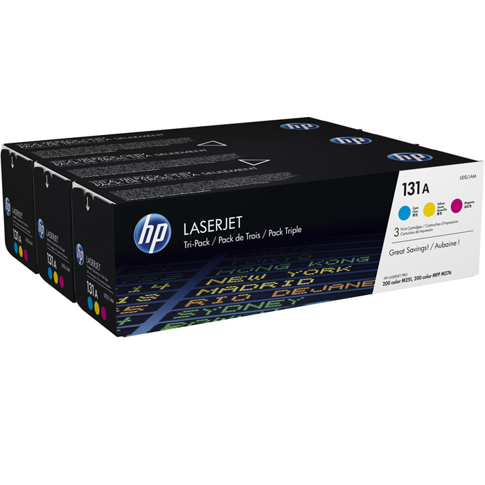 

Комплект картриджей лазерный HP 131A/U0SL1AM, голубой/пурпурный/желтый, 3 шт. шт., 1800 страниц, оригинальный для HP LaserJet Pro 200 color MFP M276n / MFP M276nw / M251n / M251nw, 131A