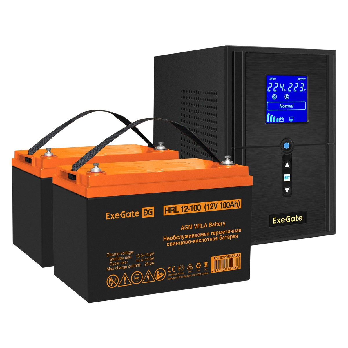 Инвертор ExeGate SineTower SineTower SZ-1000/2 x HRL 12-100 (12В, 100Ач), 1000 В·А, 800 Вт, EURO+IEC, розеток - 3, USB, черный (EX296805RUS) (в комплекте внешний аккумулятор)