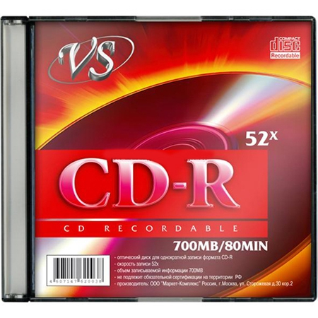 Диск VS CD-R, 700Mb, 52x, Slim Case, 1 шт, Printable (VSCDRSL01)